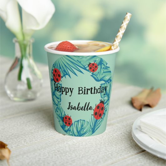 Schattige rood Polka dot Ladybug Oerwoud Leaf Verj Papieren Bekers (Insitu)