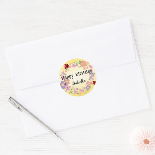 Schattige rood Polka dot Ladybug Spring Flower Ver Ronde Sticker (Envelop)
