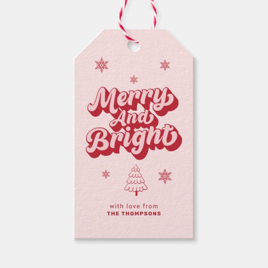 Schattige rood roze vrolijk en vrolijk kerstfeest cadeaulabel (Voorkant)