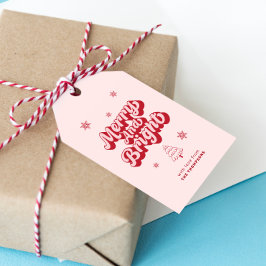 Schattige rood roze vrolijk en vrolijk kerstfeest cadeaulabel