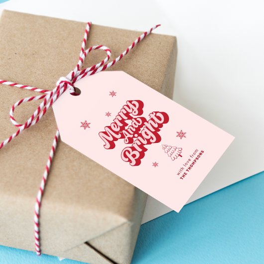 Schattige rood roze vrolijk en vrolijk kerstfeest cadeaulabel