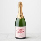 Schattige Rood Roze Vrolijk Heldere Kerst Sparkling Wijnetiket (Voorkant)