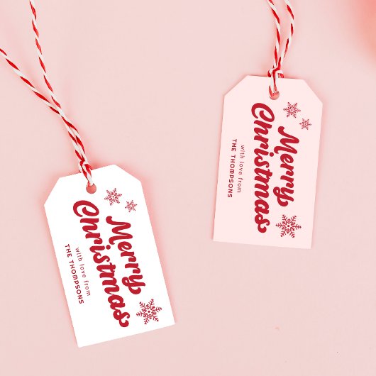Schattige rood roze vrolijk kerstfeest cadeaulabel