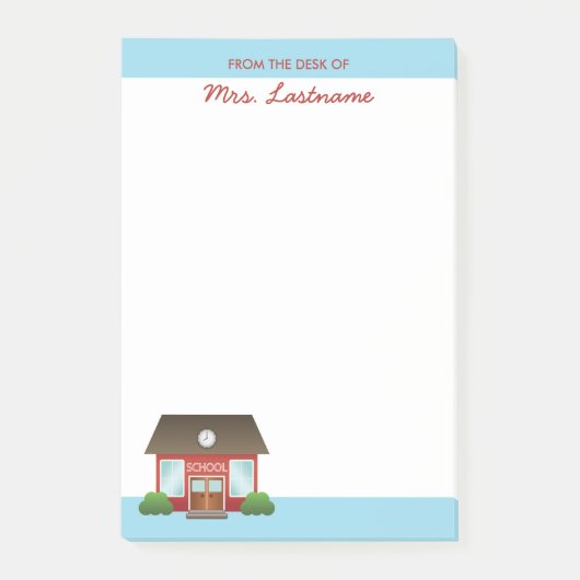 Schattige rood schoolgebouw met aangepaste naam post-it® notes (Voorkant)