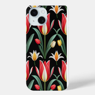 Schattige rood tulpenbloempatroon op zwarte achter iPhone 15 case