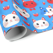 Schattige Rood Wit Blauw Kattenkoppen Patroon Dier Cadeaupapier (Rol Hoek)