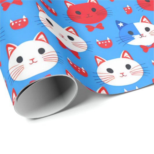 Schattige Rood Wit Blauw Kattenkoppen Patroon Dier Cadeaupapier (Rol Hoek)