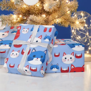 Schattige Rood Wit Blauw Kattenkoppen Patroon Dier Cadeaupapier