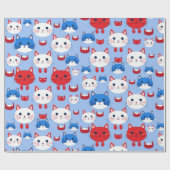 Schattige Rood Wit Blauw Kattenkoppen Patroon Dier Cadeaupapier (Vlak)
