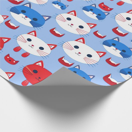 Schattige Rood Wit Blauw Kattenkoppen Patroon Dier Cadeaupapier (Hoek)