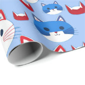 Schattige Rood Wit Blauw Kattenkoppen Patroon Dier Cadeaupapier (Rol Hoek)