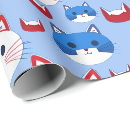 Schattige Rood Wit Blauw Kattenkoppen Patroon Dier Cadeaupapier (Rol Hoek)