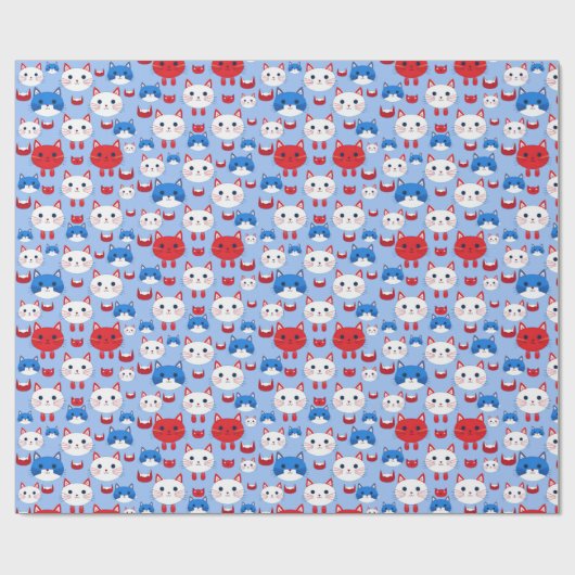 Schattige Rood Wit Blauw Kattenkoppen Patroon Dier Cadeaupapier (Vlak)