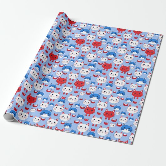 Schattige Rood Wit Blauw Kattenkoppen Patroon Dier Cadeaupapier (Uitgerold)