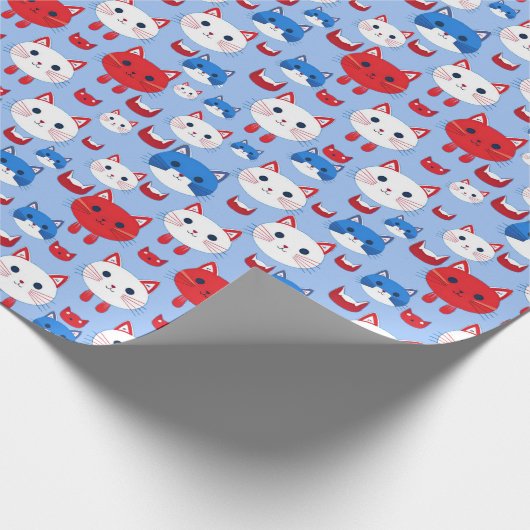 Schattige Rood Wit Blauw Kattenkoppen Patroon Dier Cadeaupapier (Hoek)