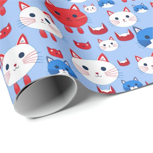 Schattige Rood Wit Blauw Kattenkoppen Patroon Dier Cadeaupapier (Rol Hoek)