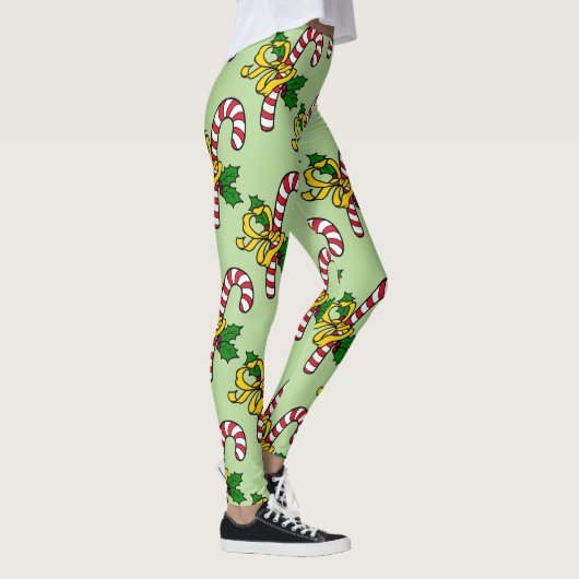 Schattige Rood Wit Candy Canes Licht Groen Kerstmi Leggings (Rechts)