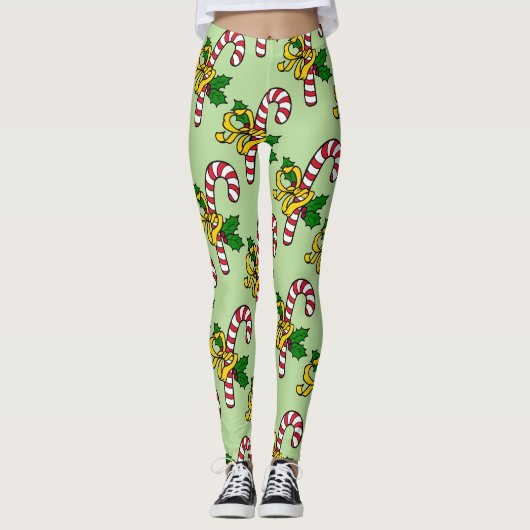 Schattige Rood Wit Candy Canes Licht Groen Kerstmi Leggings (Voorkant)