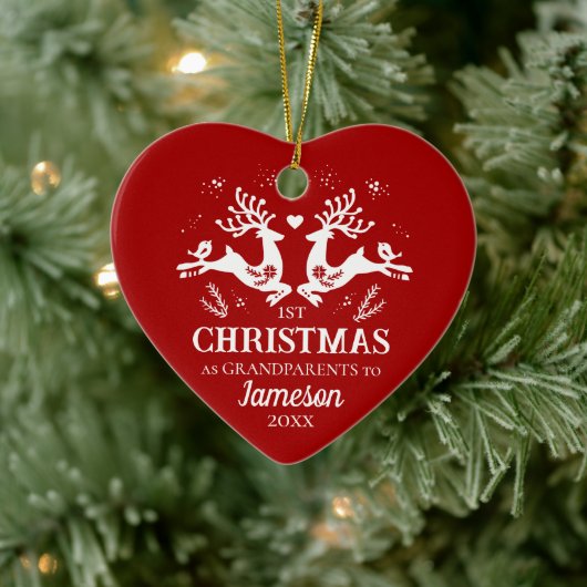 Schattige Rood Wit Eerste Kerst Grootouders Herten Keramisch Ornament (Boom)