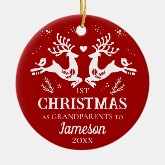 Schattige Rood Wit Eerste Kerst Grootouders Herten Keramisch Ornament (Voorkant)