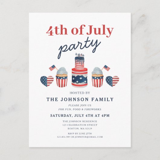 Schattige rood wit en blauw 4th van juli feest uitnodiging briefkaart (Voorkant)