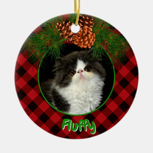 Schattige rood zwart plaid pinecone pet foto templ keramisch ornament (Voorkant)