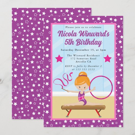 Schattige roodharig meisje gymnast kids verjaardag kaart (Voorkant / Achterkant)