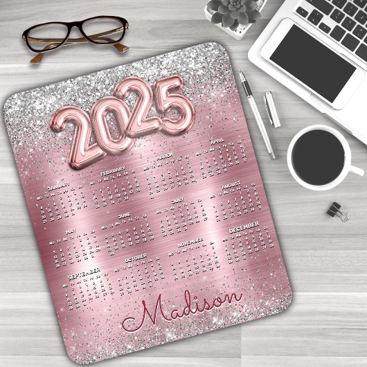 Schattige roos Blush Glitter Monogram 2025 Kalende Muismat