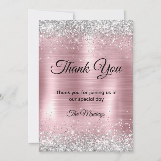 Schattige roos blush silver faux glitter bedankt kaart (Voorkant)