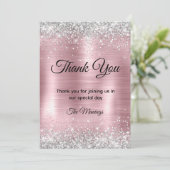 Schattige roos blush silver faux glitter bedankt kaart (Staand voorkant)