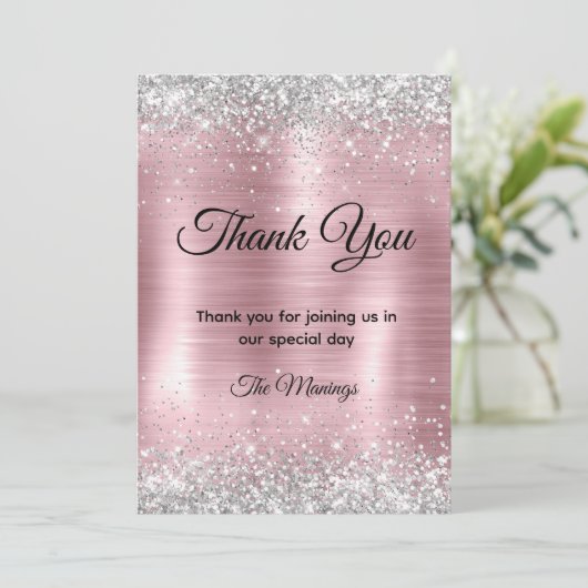 Schattige roos blush silver faux glitter bedankt kaart (Staand voorkant)