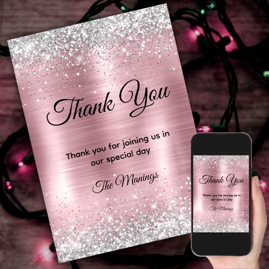 Schattige roos blush silver faux glitter bedankt kaart