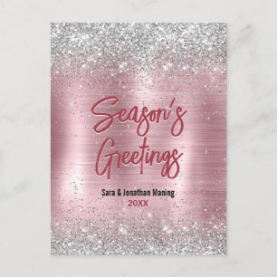 Schattige roos blush zilver glitter kerst nieuwjaa briefkaart