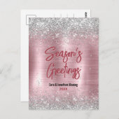 Schattige roos blush zilver glitter kerst nieuwjaa briefkaart (Voorkant / Achterkant)