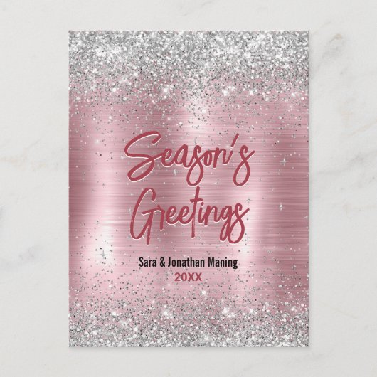 Schattige roos blush zilver glitter kerst nieuwjaa briefkaart (Voorkant)