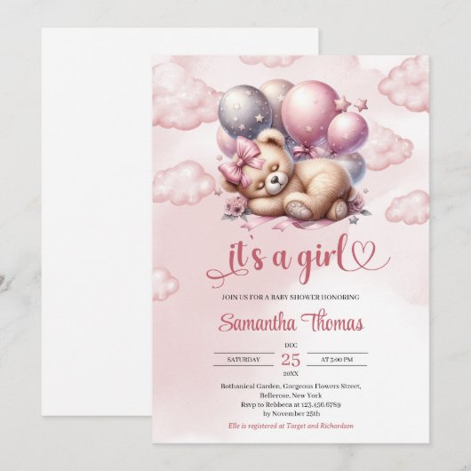 Schattige roos goud het is een meisje slapen teddy kaart (Voorkant / Achterkant)