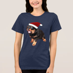 Schattige Rottweiler Pup Met Cartoon Kerstman Hoed Tri-Blend Shirt
