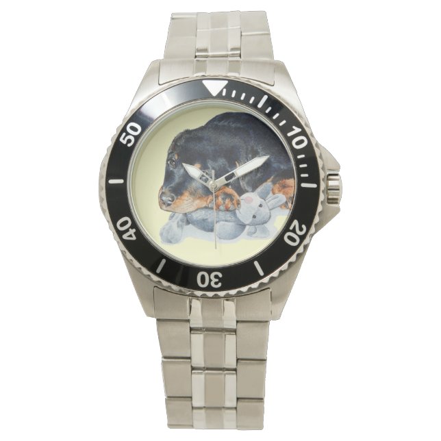 schattige rottweiler puppy dog kuddling stuffe horloge (Voorkant)