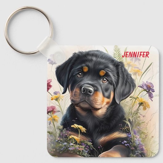 Schattige Rottweiler Puppy Dog Sleutelhanger (Voorkant)
