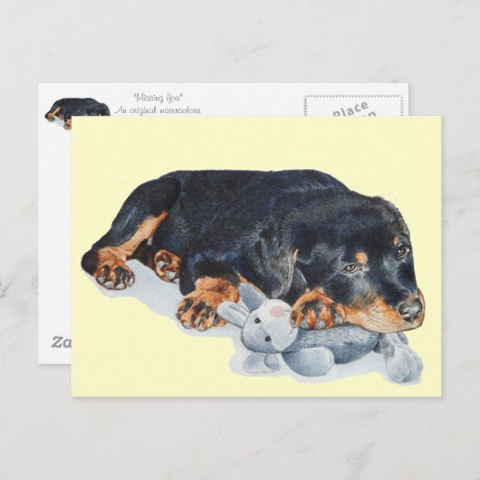 schattige rottweiler puppy dog snuffelend teddybee briefkaart (Voorkant / Achterkant)