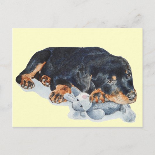 schattige rottweiler puppy dog snuffelend teddybee briefkaart (Voorkant)
