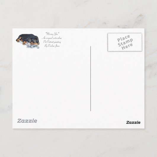 schattige rottweiler puppy dog snuffelend teddybee briefkaart (Achterkant)