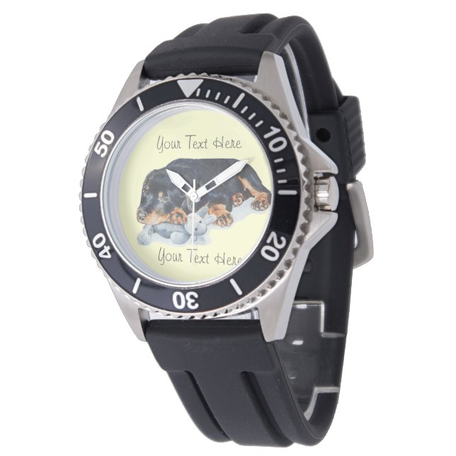 schattige rottweiler puppy dog snuffelend teddybee horloge (Gekanteld)