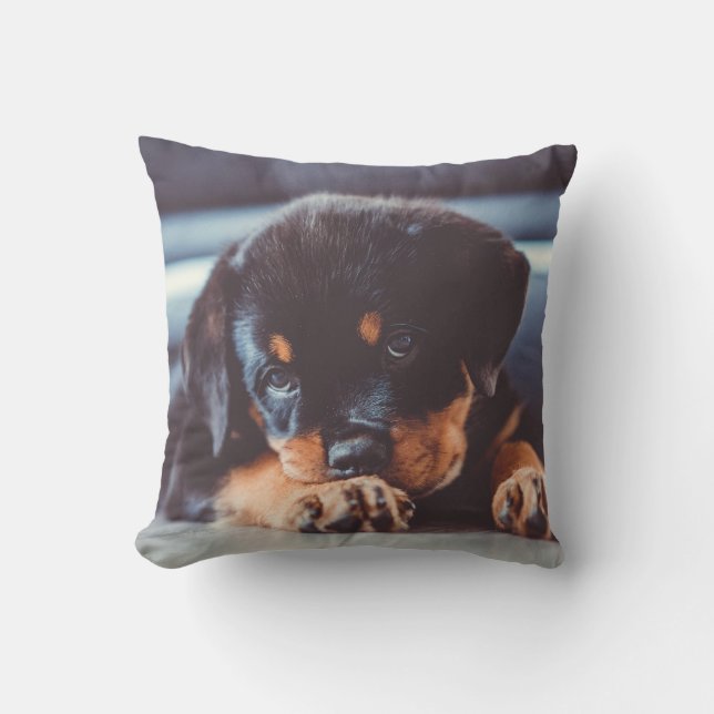Schattige Rottweiler Puppy Hond Rustend Kussen (Voorkant)
