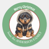 Schattige Rottweiler Puppy in Winter Pet Kerst Ronde Sticker (Voorkant)