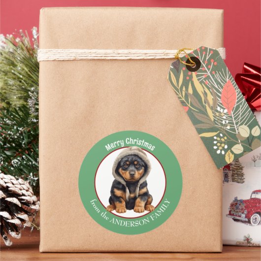 Schattige Rottweiler Puppy in Winter Pet Kerst Ronde Sticker (Feestdagen)