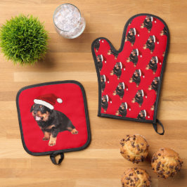 Schattige Rottweiler Puppy met Cartoon Kerstman Ho Ovenwant & Pannenlap Set