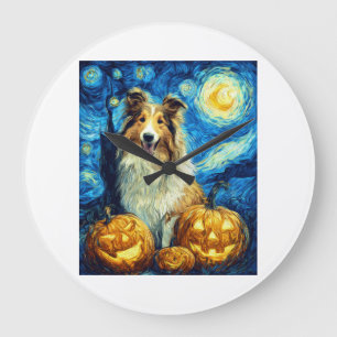Schattige Rough Collie Hond Halloween Jack O Lante Grote Klok