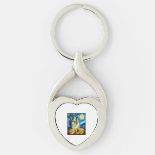 Schattige Rough Collie Hond Halloween Jack O Lante Sleutelhanger