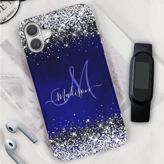 Schattige Royal Blue Silver Faux glitter monogram  Case-Mate iPhone Case
